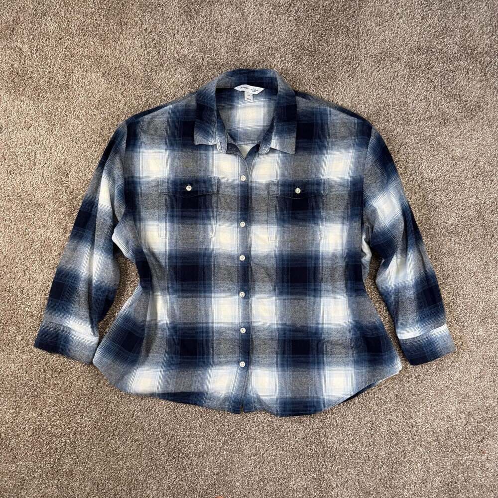 Old Navy Boyfriend Flannel Shirt XXL Blue Plaid Oversized Coastal